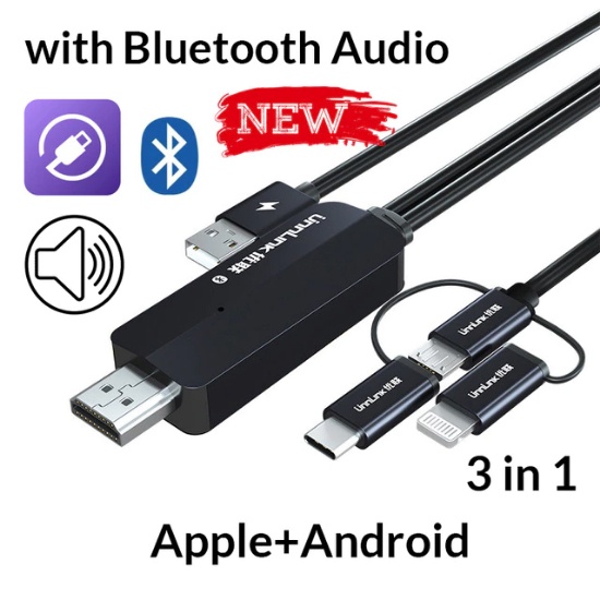 USB Type C Micro USB  Lightning to HDMI Mirror Cast Cable MHL with Bluetooth Audio - UN30 - Black