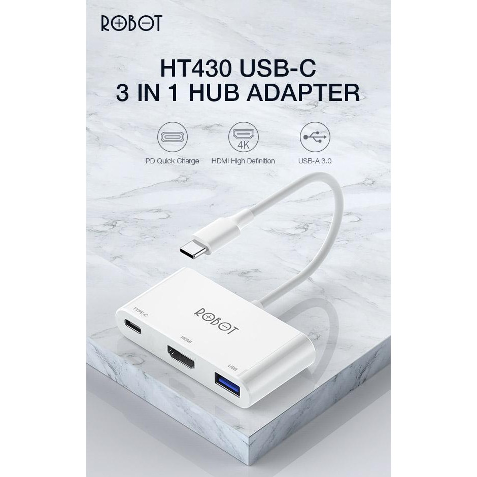 ROBOT HT430 3 in 1 USB C HUB Adapter with HDMI 4K PD 100W USB3.0 Multifunctional