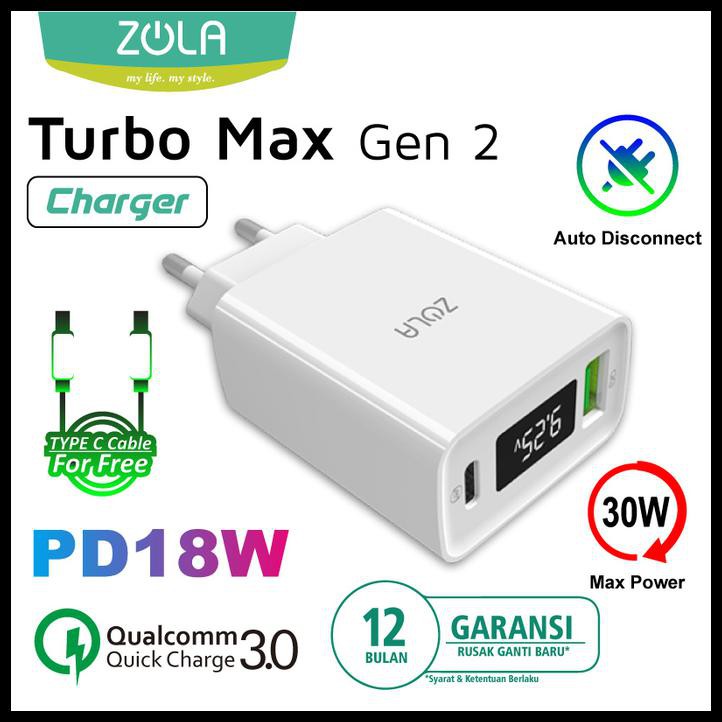 ZOLA TURBO MAX GEN2 CHARGER QC 3.0 & PD FOR IPAD PRO & MACBOOK MAX 30W - PUTIH