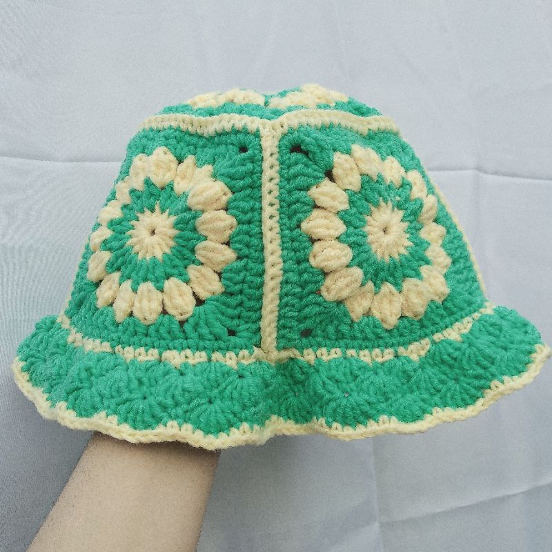 Topi JOY Vintage Granny Square Crochet Rajut Knit Bucket Hat 100% Handmade Bisa Request Warna