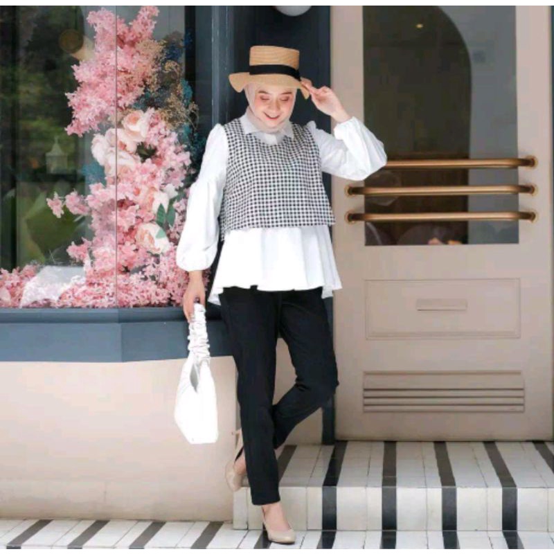BLOUSE WANITA MOTIF KOTAK YUZU PEPLUM SERIES / ATASAN MURAH / BAJU WANITA / BLOUSE KEKINIAN