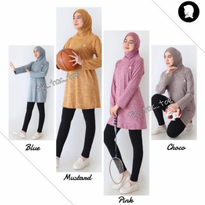 Baju Sport Olahraga Senam Wanita Muslim Tunik Hijab Lengan Panjang - TunikHijab-Pink, Jumbo (2XL-3XL