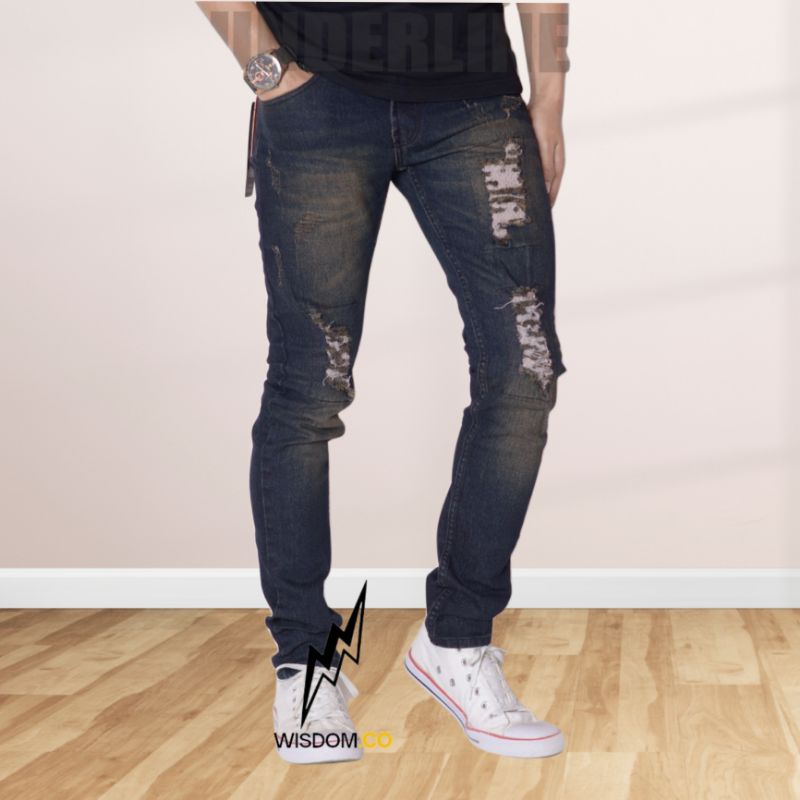 Wisdom - Celana Skinny Jeans Sobek Ripped Extream No tembus | Full Jeans Stretch Melar | Denim pria sobek