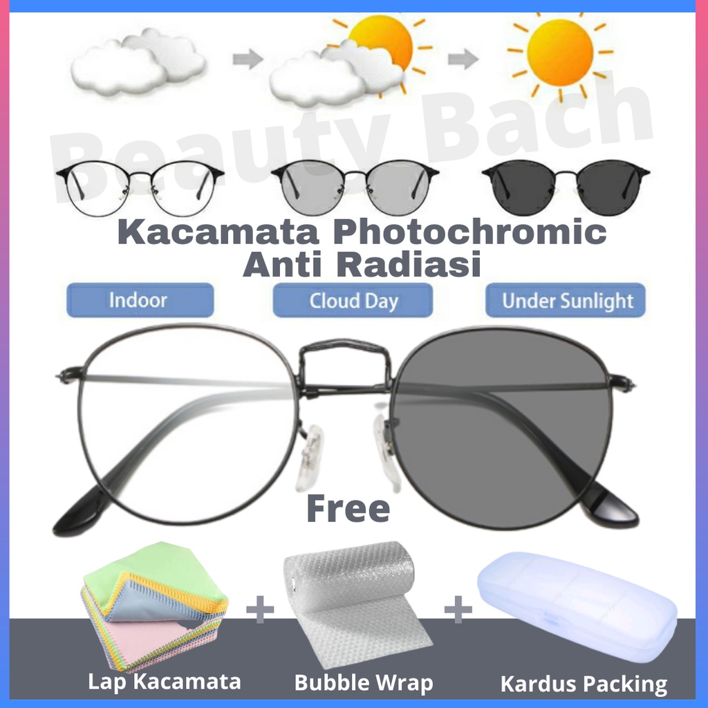 [FREE BOX+LAP] Kacamata Photocromic Bulat Korea / Anti Radiasi Free Box 2 In 1 Potokromik