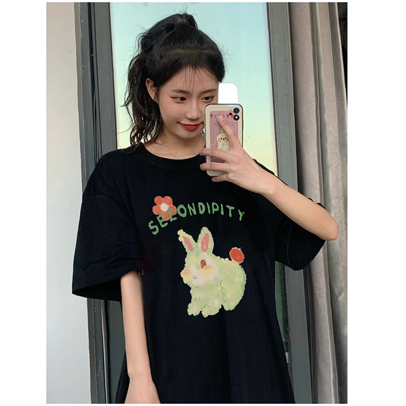 EUNII T-shirt Lengan Pendek Cetakan Kelinci Lucu Longgar Gaya Korean Style/Kaos Atasan Wanita/Baju Kaus Oversize Wanita