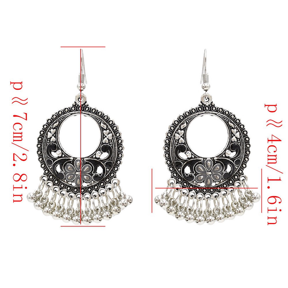 Anting Gantung Silver Antik Vintage Gaya India Motif Ukir Bunga Aksen Rumbai Untuk Wanita