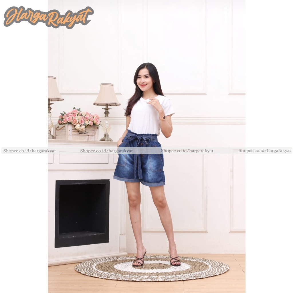 VITA HOTPANTS JEANS KANCING TALI PITA - Celana Hotpants Wanita