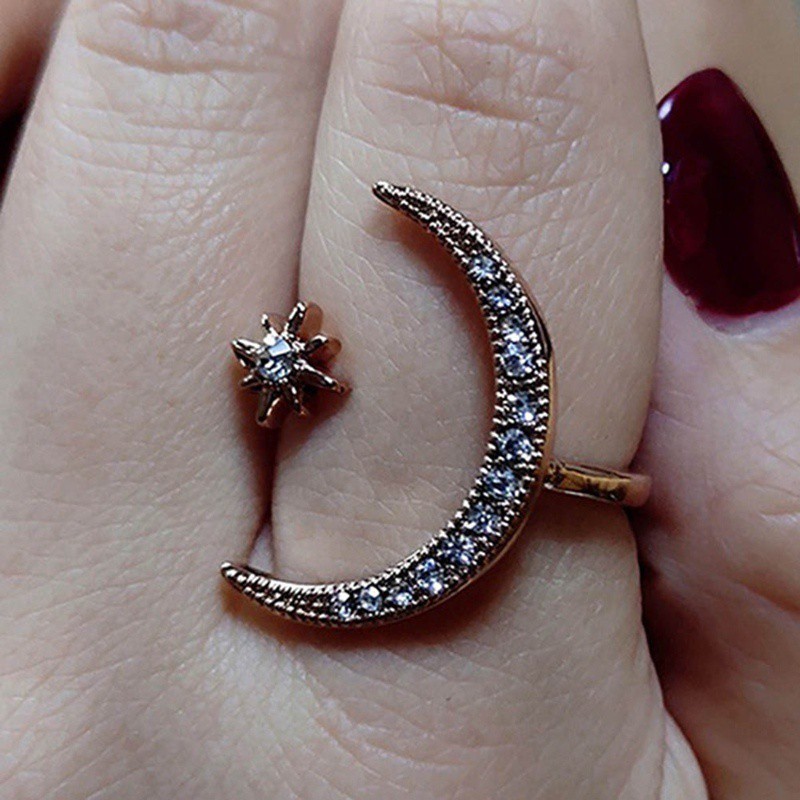 925 Silver In 18K Gold Filled Crescent Moon Star Diamond Rings Engagement Bridal Wedding Rings