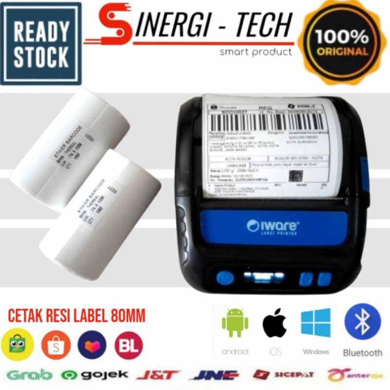PRINTER LABEL BLUETOOTH 80MM IW-80LP + 2 ROL STICKER CETAK RESI ALAMAT
