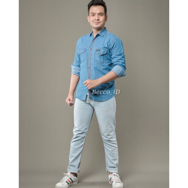 kemeja jeans denim lengan panjang pria - kemeja jeans distro lengan panjang - kemeja denim import - kemeja jeans distro murah terbaru