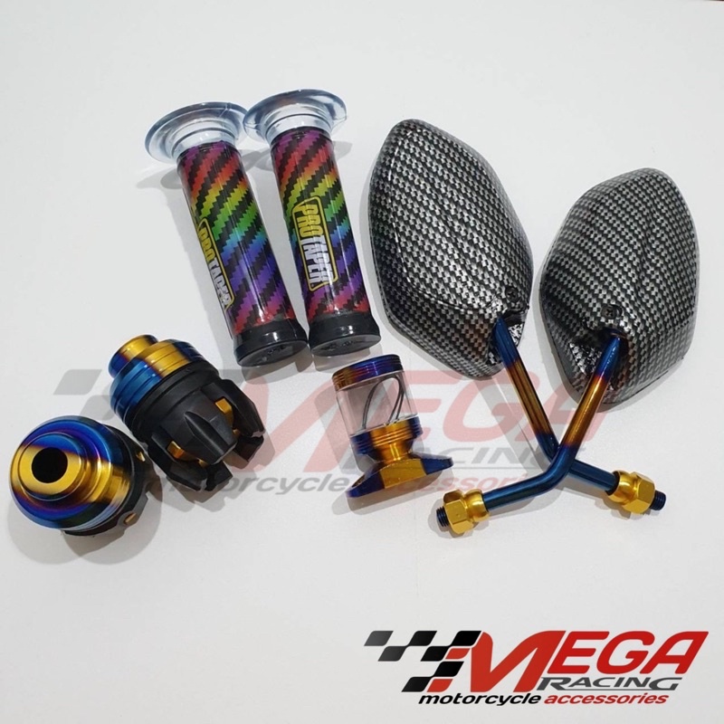 Paket 4 Variasi Thailand - Kaca Spion Model Beat Karbon Twotone + Grip Pelangi + Stempel Kaca Twotone + Jalu as Jumbo 2tone Motor Honda Beat Vario 2018 kebawah Scoopy Spacy Supra Revo