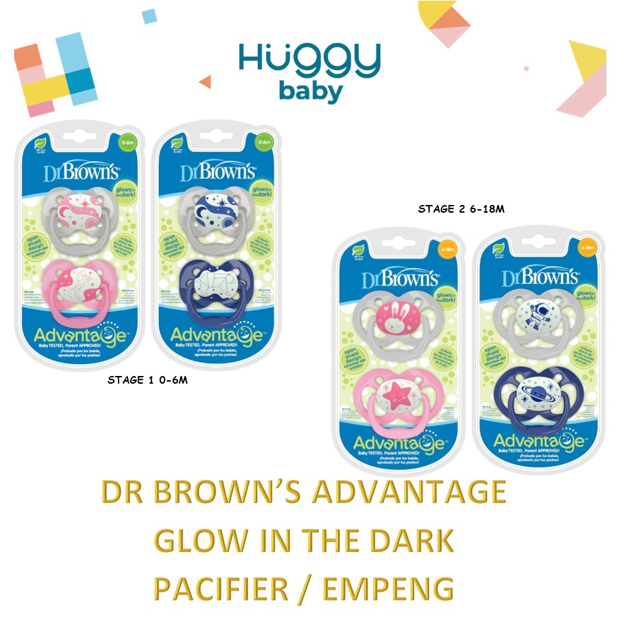 Dr Brown's Advantage GLOW IN THE DARK Pacifier Empeng 2 Pack