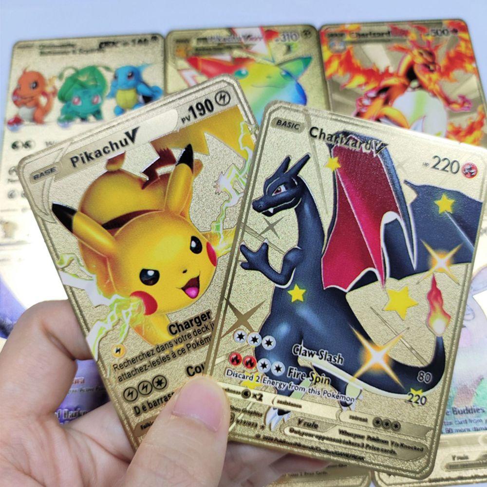 LANFY 1pc Pokemon Cards Children Gift Pikachu Golden Card Game Card Birthday Gifts Game Arceus Vmax Trading Collection Cards Trading Battle Display Metal DIY Card