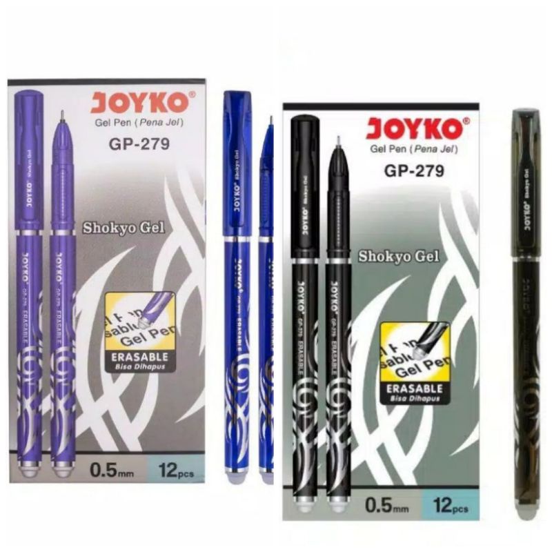 selusin pen bisa di hapus merek  joyko hitam dan biru isi 12 pcs