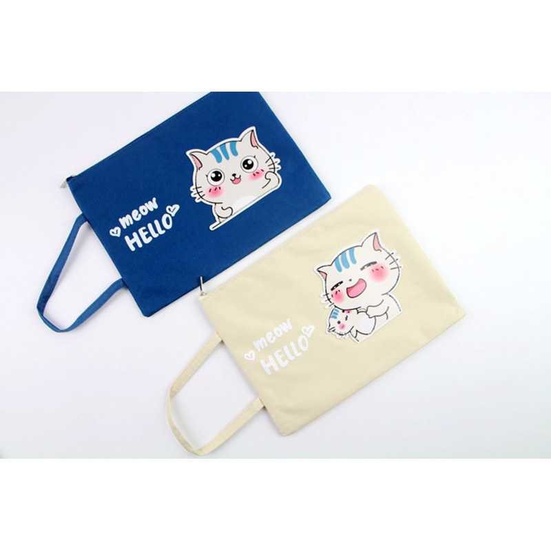 

S3001 Meow Hello Canvas Tote Folder Tas Tote Folder Serba Guna