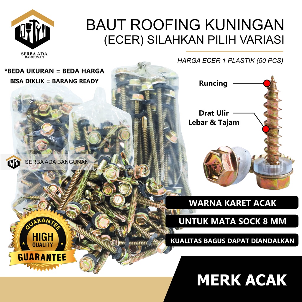 (50 PCS) Skrup Baut Roofing Kuning Ecer 12 x 30 50 70 MURAH / Self Drilling Screw 3cm 5cm 7cm /50pcs