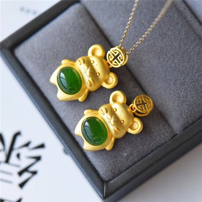 [Ready Stock]Fashion Gold-Plated Inlaid Jade Cute Mouse Color Pendant Necklace