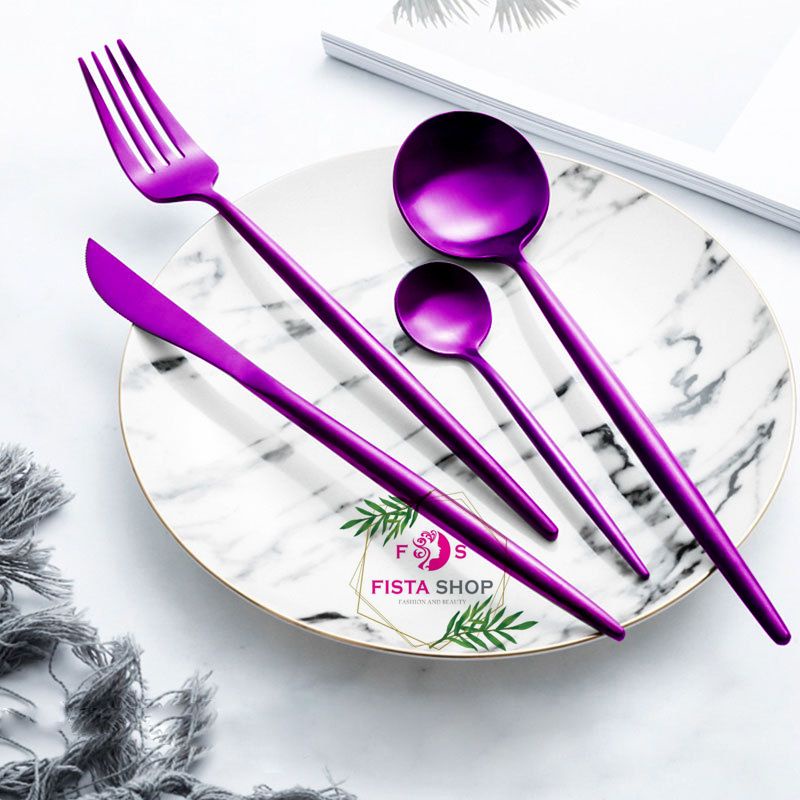 Set Alat Makan Sendok Garpu Korea SUS 304 Ungu 4in1 FREE POUCH FISTA SHOP