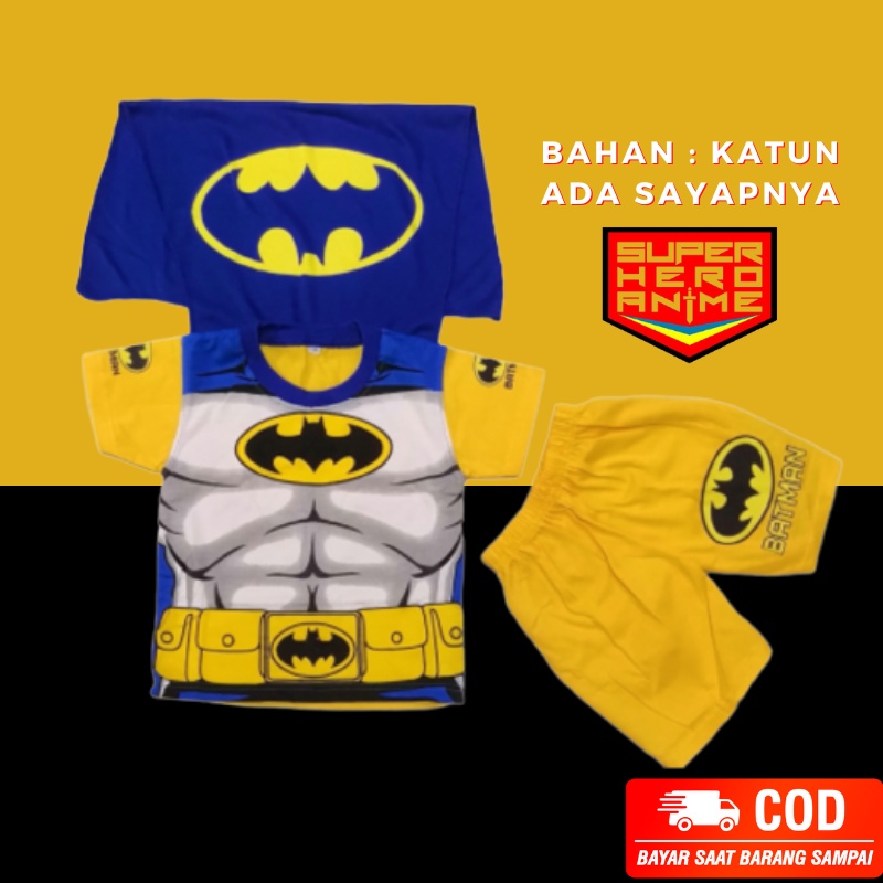 Setelan Anak Laki Laki Batman Sayap Putih Biru Baju Kaos Pendek Superhero