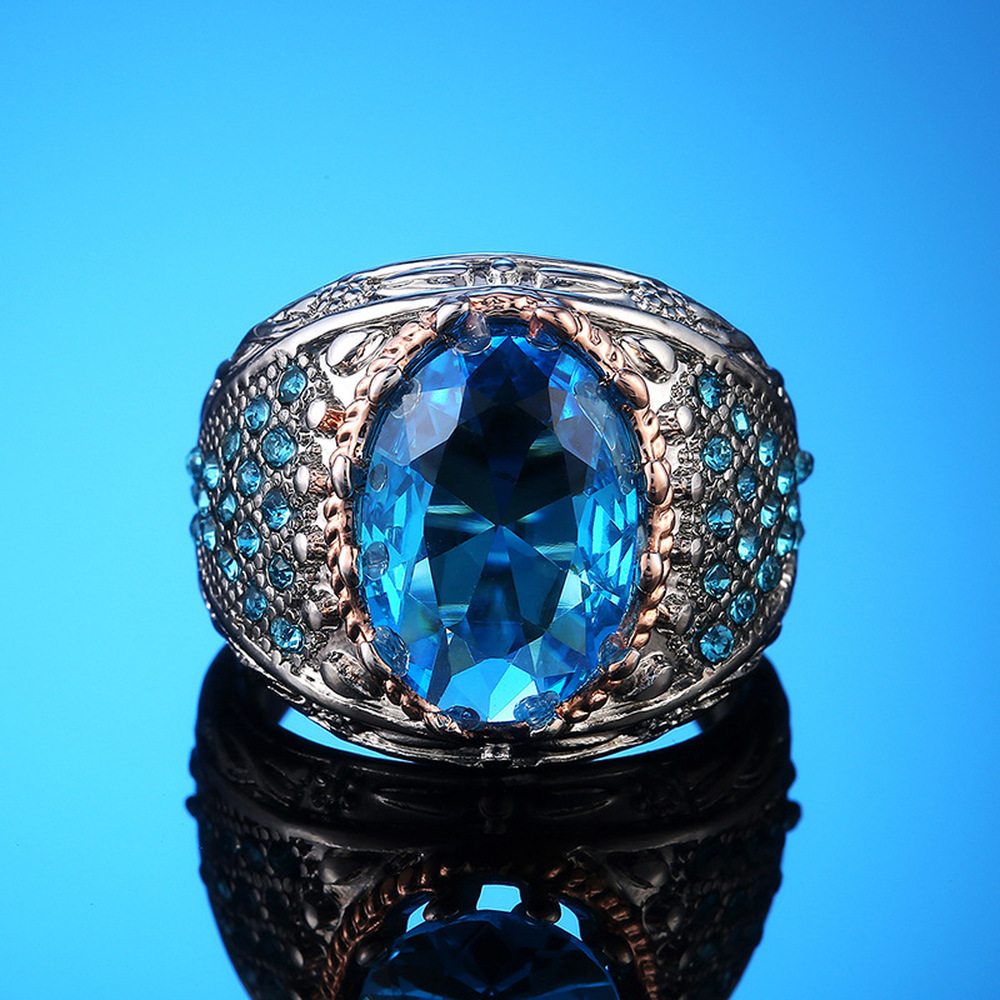 Cincin Baja Titanium Safir Mewah Kristal Berlian Biru Fashion Pria Perhiasan Perak Naik Emas Rings