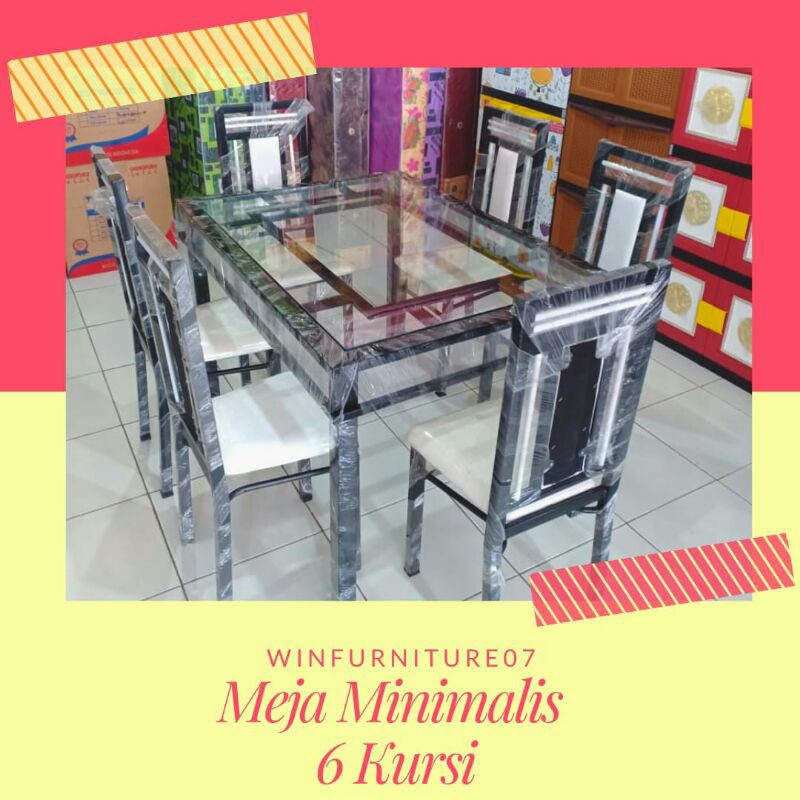 SET MEJA MAKAN BESI MINIMALIS 6 KURSI