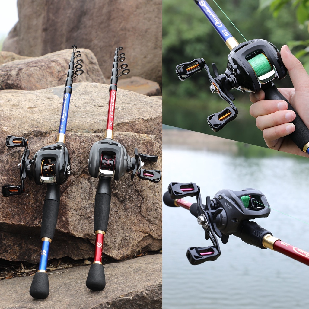 Set Memancing Telescopic Portabel Tongkat Pancing 1.8m-2.4m dan Gulungan Memancing Dengan 6.3: 1GR 12+1BB dan Lengkap Gratis Senar pancing Umpan pancing untuk Air Tawar untuk Pemula dan Anak-anak