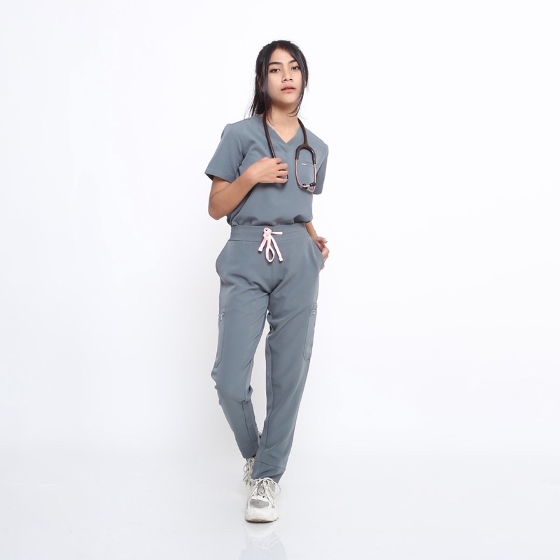 Baju jaga dokter / scrub medis warna TEAL PRIVE SERIES Snug size S lengan pendek