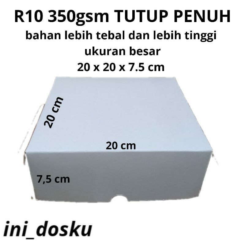 

KOTAK KUE / DUS NASI / DOS TUTUP PENUH R10 350 gsm (TEBAL). PUTIH. 20X20X7cm