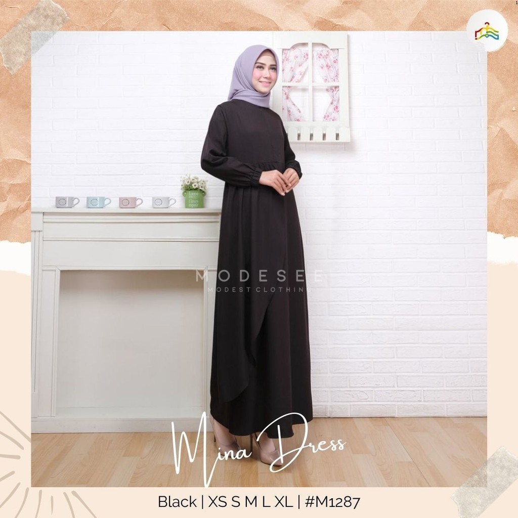 Modesee Gamis Putih Hitam Polos Basic Layer Busui Wanita Muslim Mina Dress, Gamis S M L XL XXL, Gamis Jumbo 2XL 3XL 4XL 5XL-Black-XL