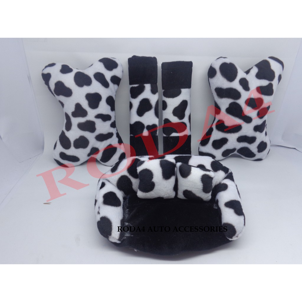 Bantal Mobil 3 In 1 Motif Bintik Tutul Putih Kombinasi Hitam