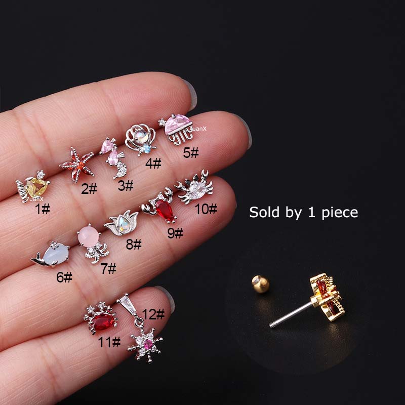 1 Pc Anting Stud Tindik Bahan Stainless Steel 20 Gage Desain Hewan Laut