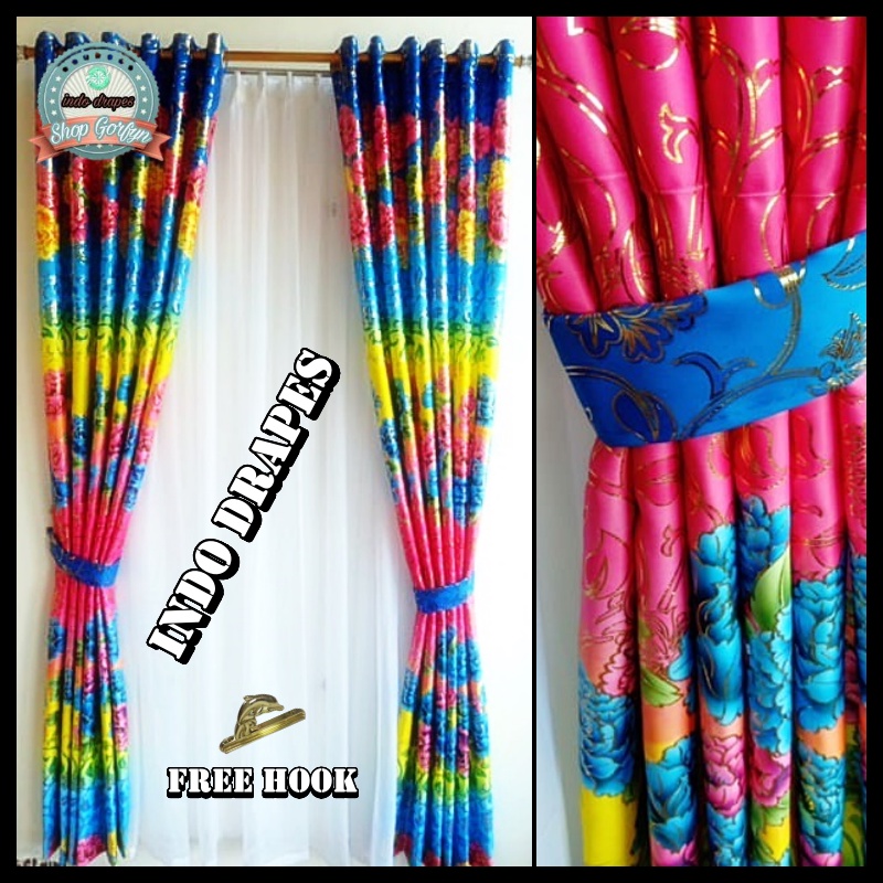 gorden poni tempel pintu mewah blackout Printing Biru Model 12 Lubang Smokring Minimalis