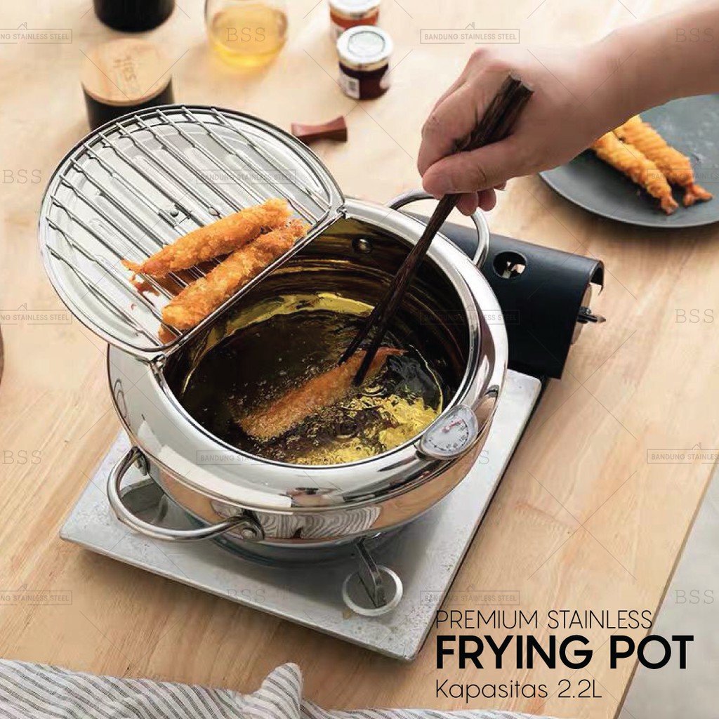 Frying Pot 20 cm Dan 24 cm Panci Wajan Goreng Tempura Udang Thermometer Premium Stainless Tray Peniris Minyak