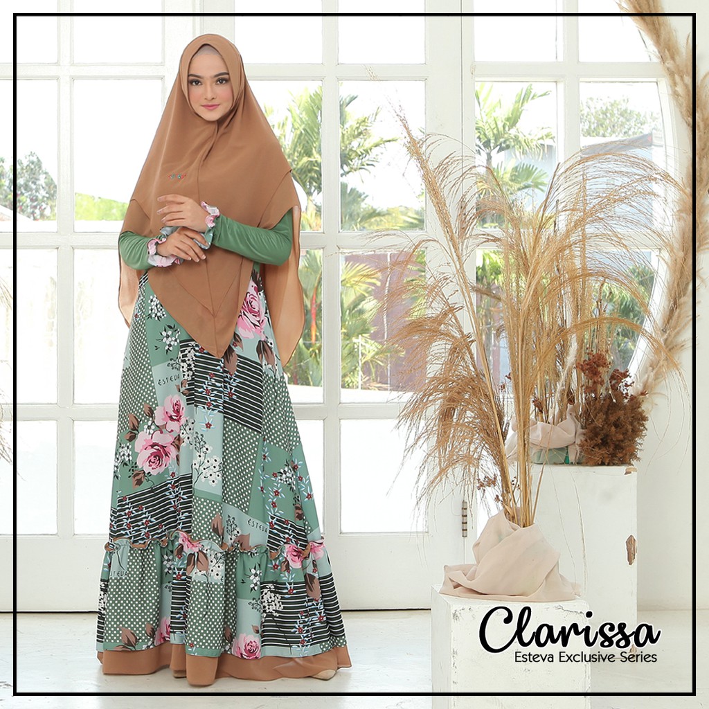 CLARISSA EXCLUSIVE SERIES BAJU GAMIS SYARI SET PRINTING KHIMAR CERUTY BABYDOLL BY ESTEVA
