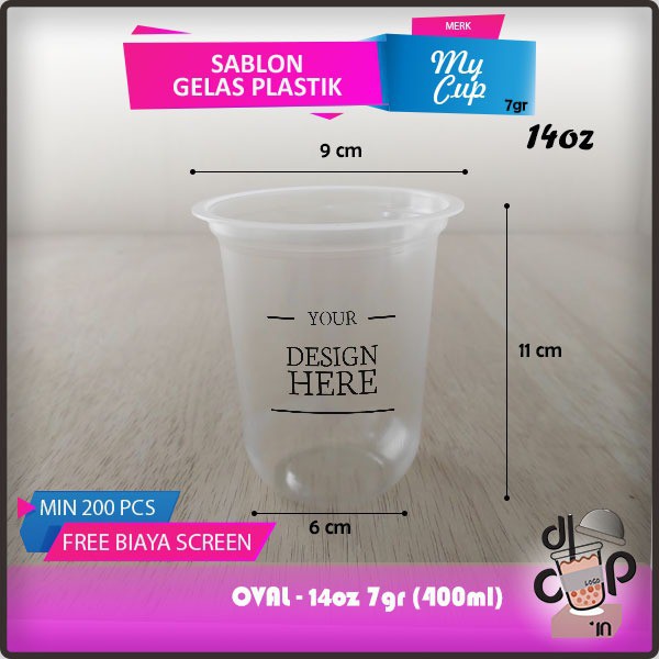 Sablon Cup Gelas Plastik Oval 12oz 14oz 16oz 22 oz Merk MyCup