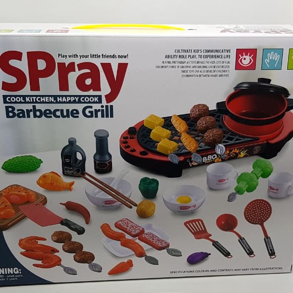 Mainan anak bbq set barbeque panggang kitchen asap spray nyala masak