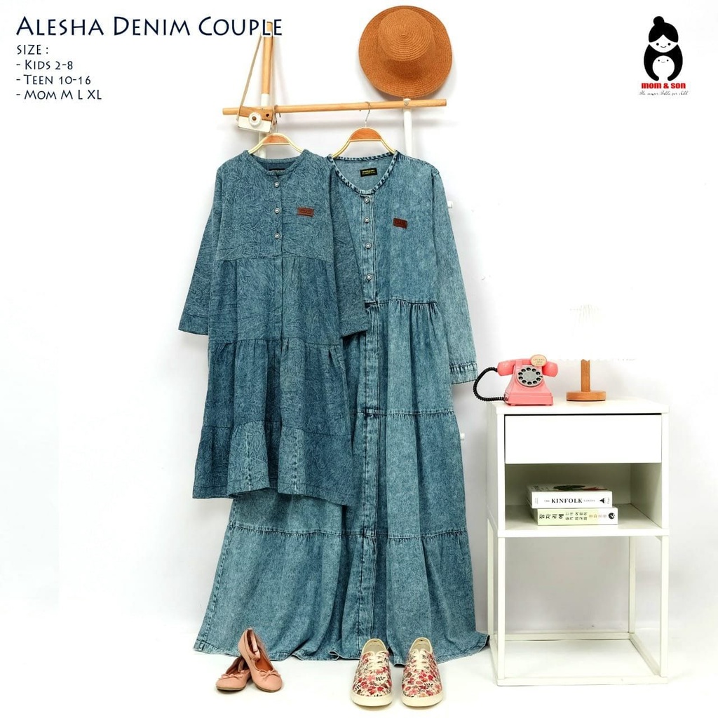 ALESHA DENIM COUPLE Mom & Son|GAMIS ANAK PEREMPUAN MURAH|GAMIS ANAK DENIM|GAMIS ANAK MURAH