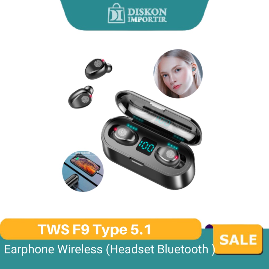 Earphone TWS Wireless Bluetooth F9 Headset LED Display With 2000mAh Powerbank Wireless