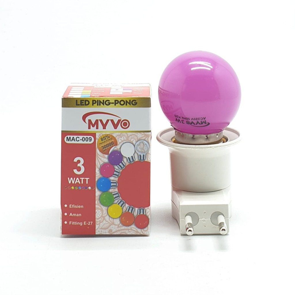 Myvo Ungu Lampu Led Ping Pong 3W E27 Warna Ungu + Linux Fiting Colok Switch / LAMPU TIDUR