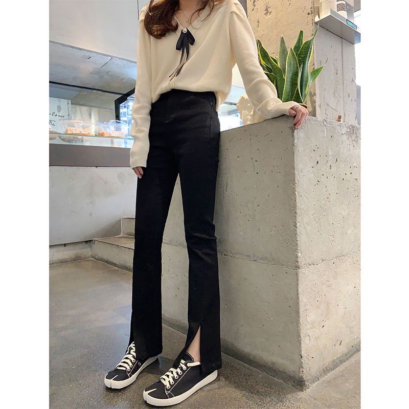 Red wanita slit jeans womens 2022 summer thin section, wide-legged, micro-flare, slim fit and slim celana hitam versi Korea