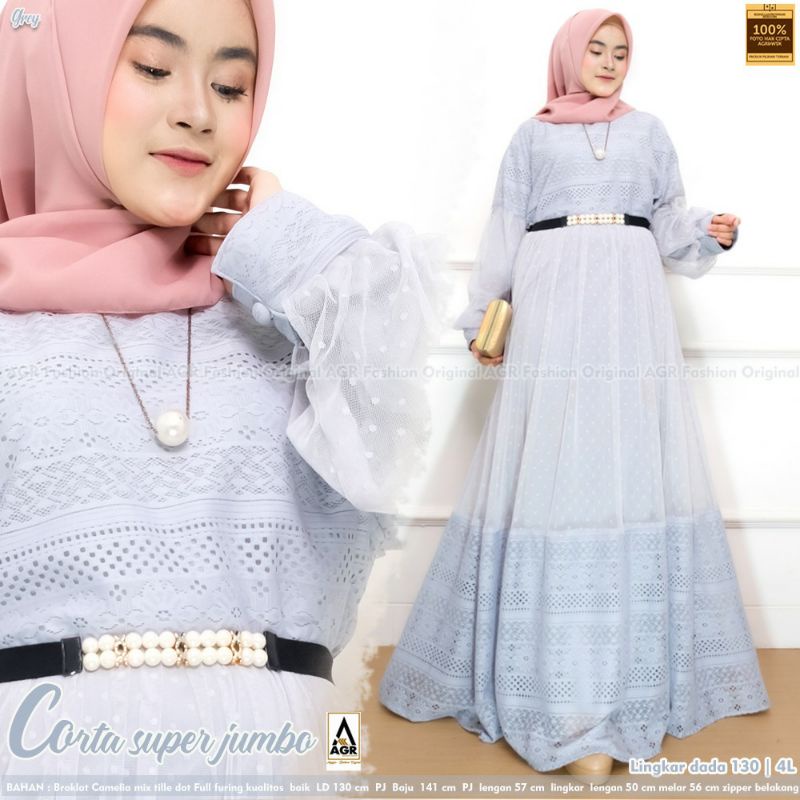 GAMIS BROKLAT WANITA SUPER JUMBO TERBARU FULL FURING Corta dress ld 130 matt broklat camelia mix til