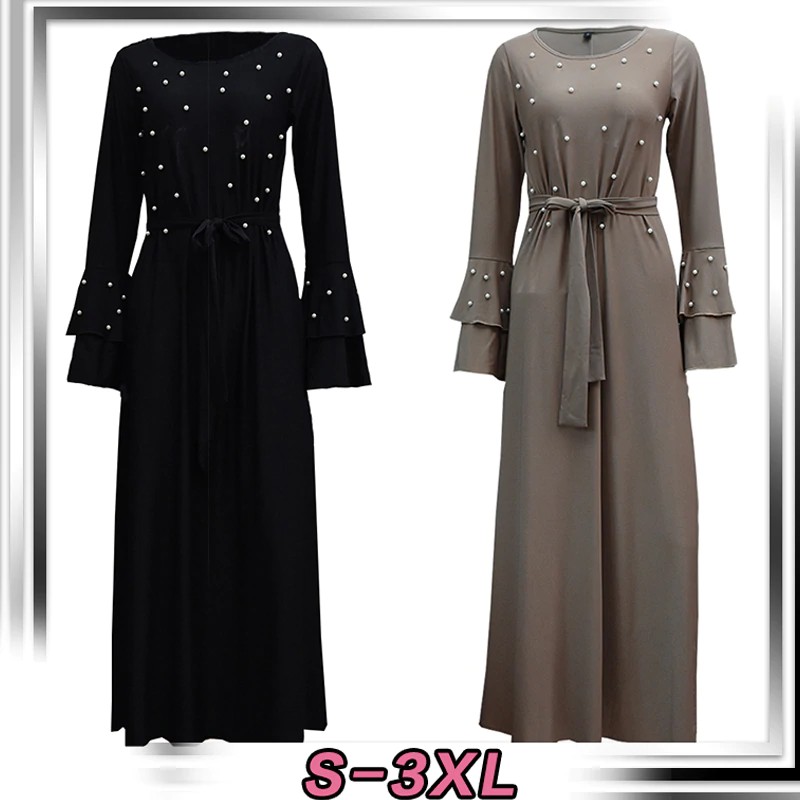 FREEONGKIR 2019 Abaya Dubai Kaftan Islam Qatar Oman Mutiara Muslim Jilbab Gaun Jilbab Gamis Kaftan