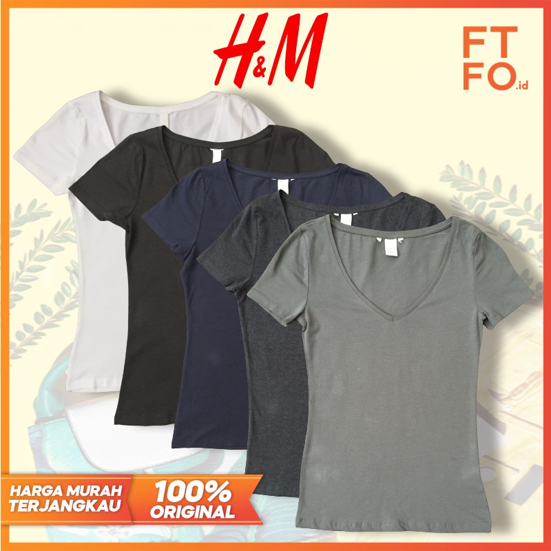 KAOS BAJU V-NECK ATASAN WANITA HM SLIM FIT KATUN LENGAN PENDEK 100% ORIGINAL BRANDED