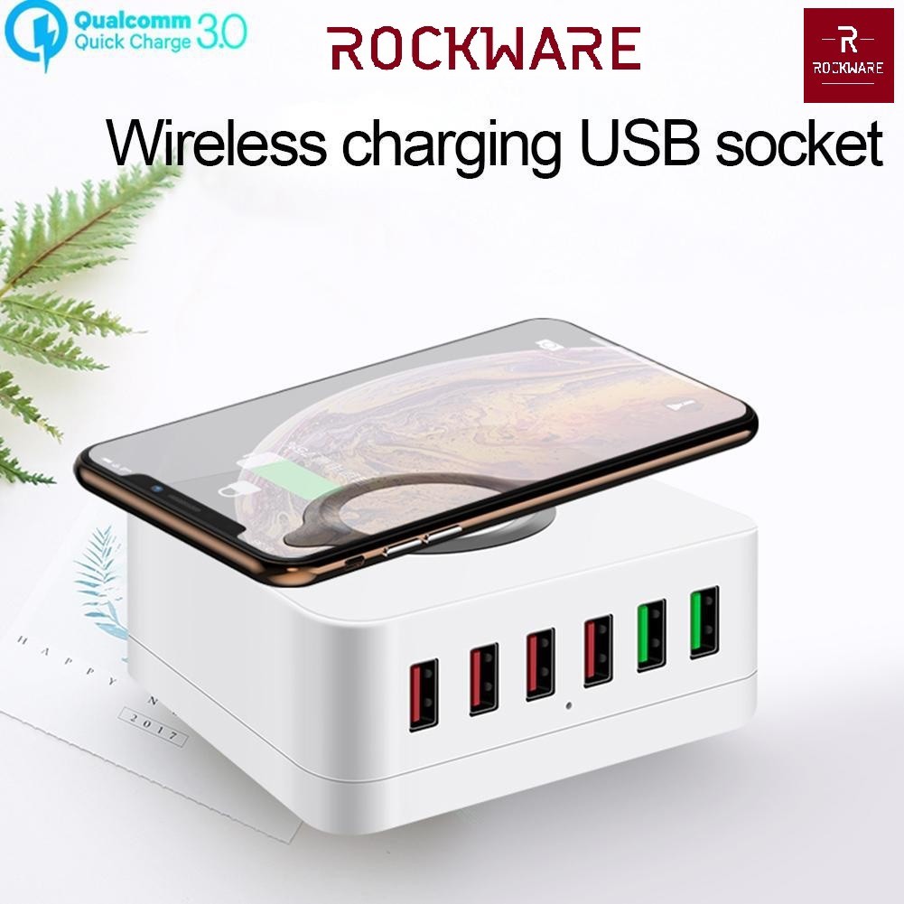 ROCKWARE E6 - 6 USB Port Charging Station and Qi Wireless Charge - 72W - Charger Multiport Up To 6