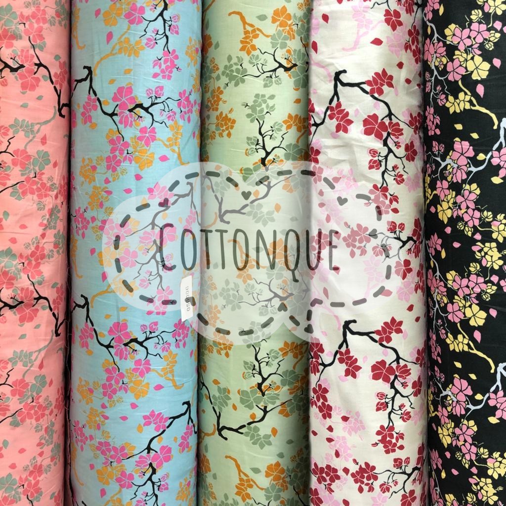 Kain Katun Jepang Motif Bunga Sakura Ramai (min pembelian 2x klik)