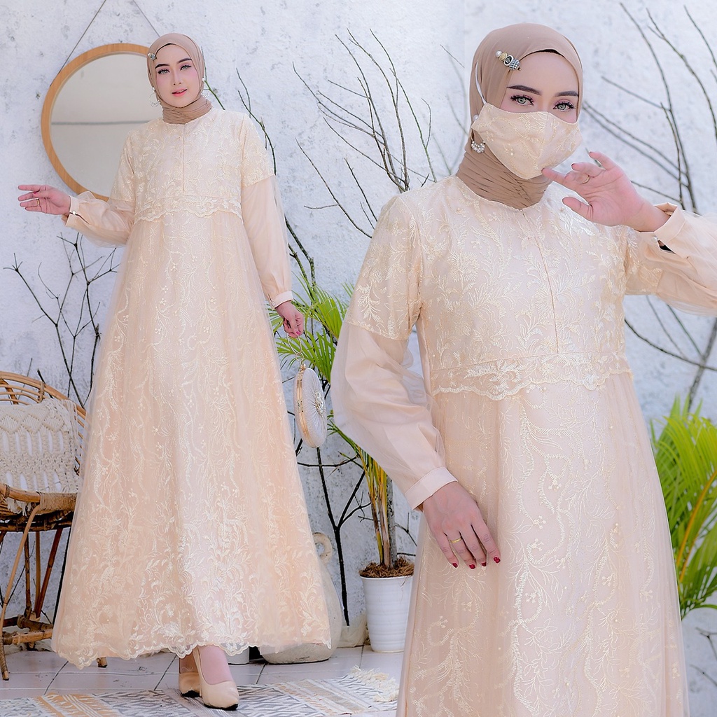 (New Free Masker Brukat)Selvia Brukat Tile Mutiara/ Size S-M, L , XL, XXL / Gamis Pesta /Maxi Dress Kondangan /Brokat Muslimah