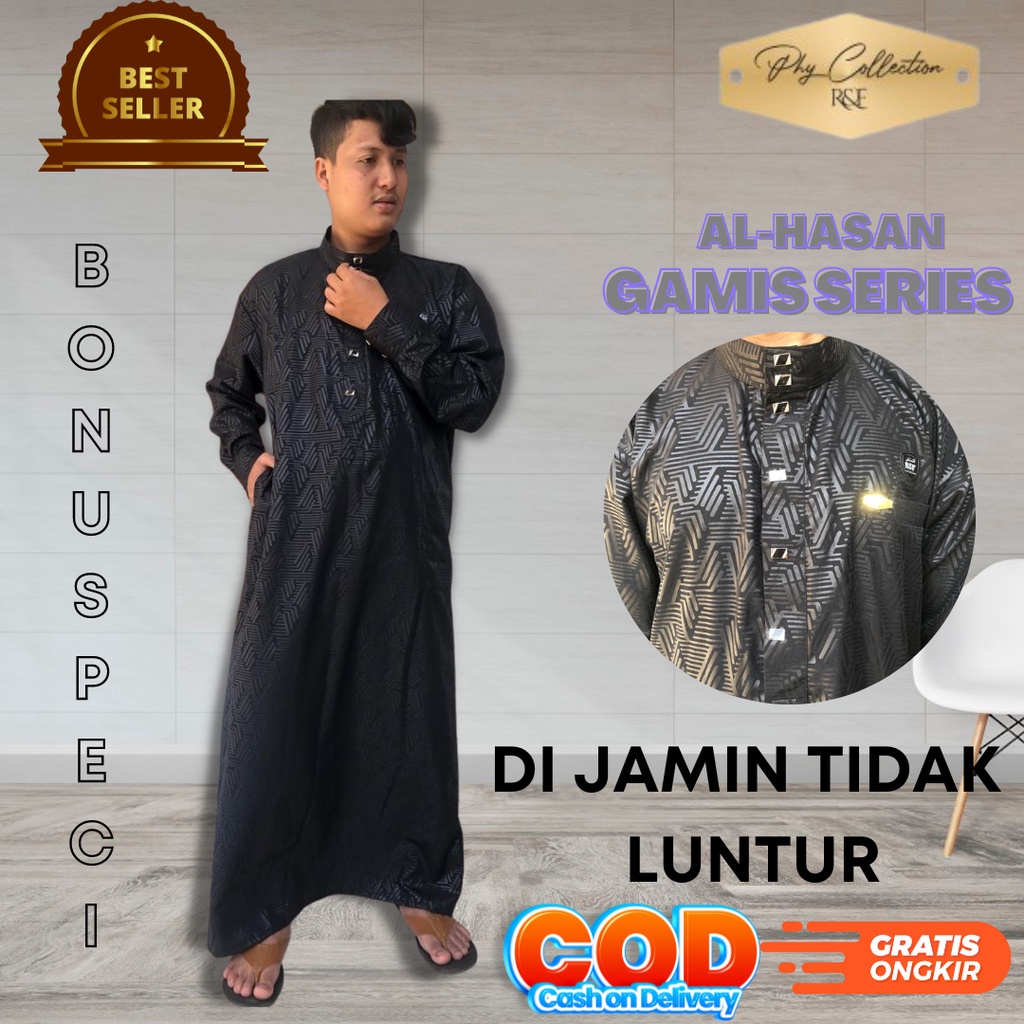 Baju Jubah Gamis Pria Laki Laki Dewasa Cowok Remaja Model Haromain Motif Embos Lengan Panjang Ukuran S M L XL XXL [AL-HASAN]