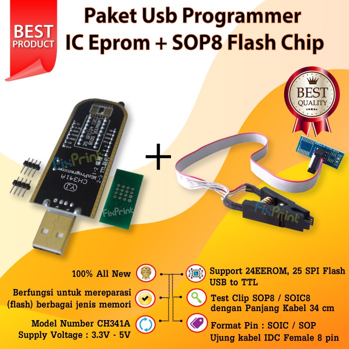 Satu Paket USB Programmer IC Eprom CH341A Module Flash + SOP8 Flash Chip USB EEPROM Writer 25 SPI