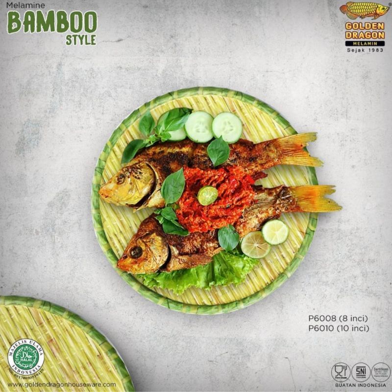 3 PCS PIRING BAMBU 8 Inch P6008|Piring Melamin|Piring Saji|Piring Anyaman Bulat Golden Dragon
