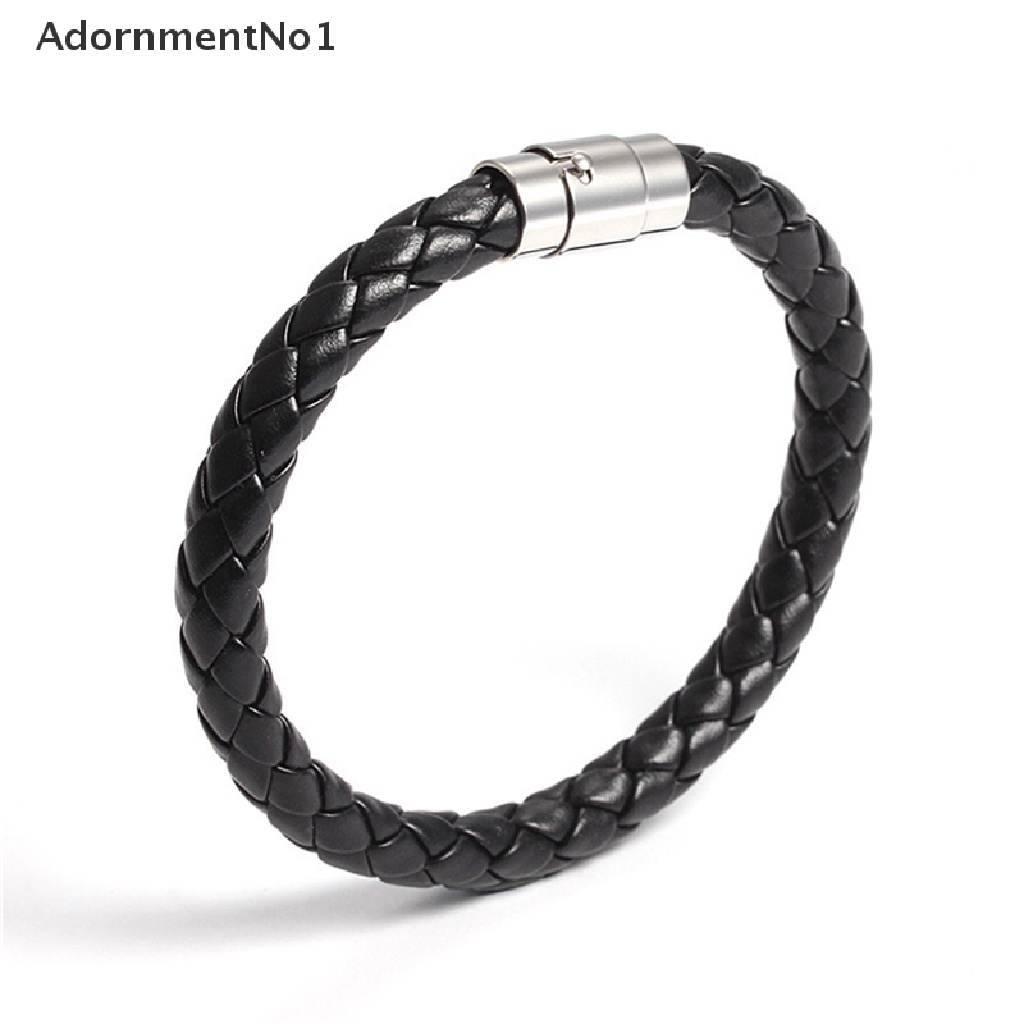 (AdornmentNo1) Gelang Tangan Kulit Hitam Aksen Buckle Magnet Bahan Stainless Steel Untuk Pria / Wanita